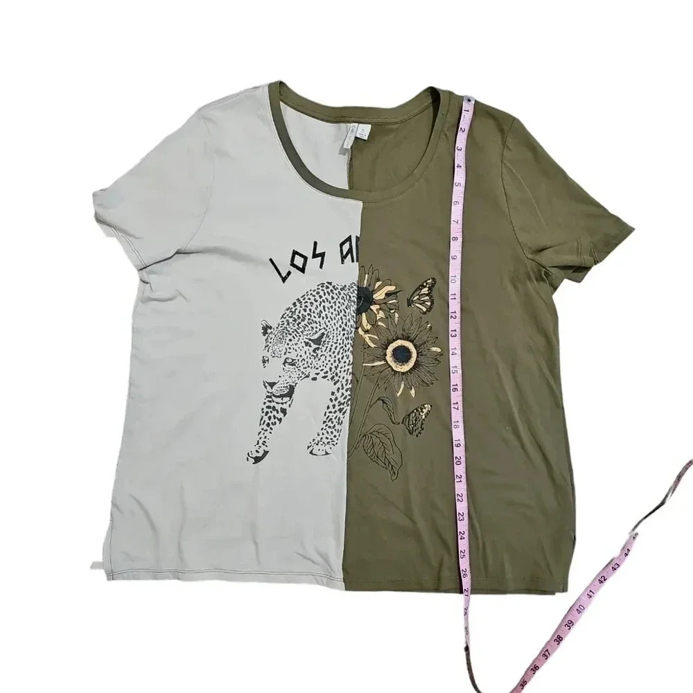 Cato Women’s XL Olive Beige Graphic Tee Leopard Sunflower Boho Y2K Oversized - Picture 8 of 8